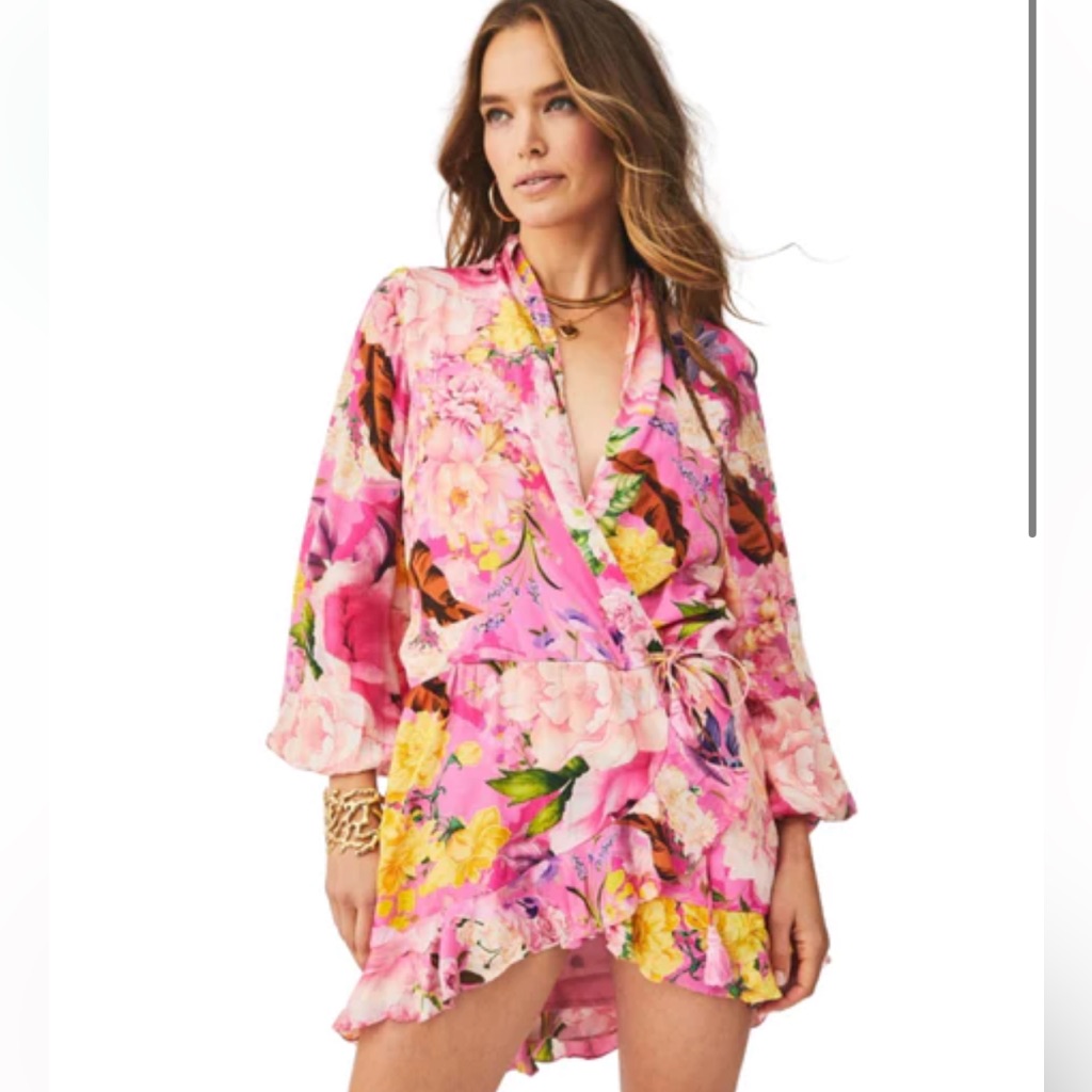 Rococo Sand Leona Pink Floral Above Knee Ruffle Sleeves Wrap Dress Nwt Xs